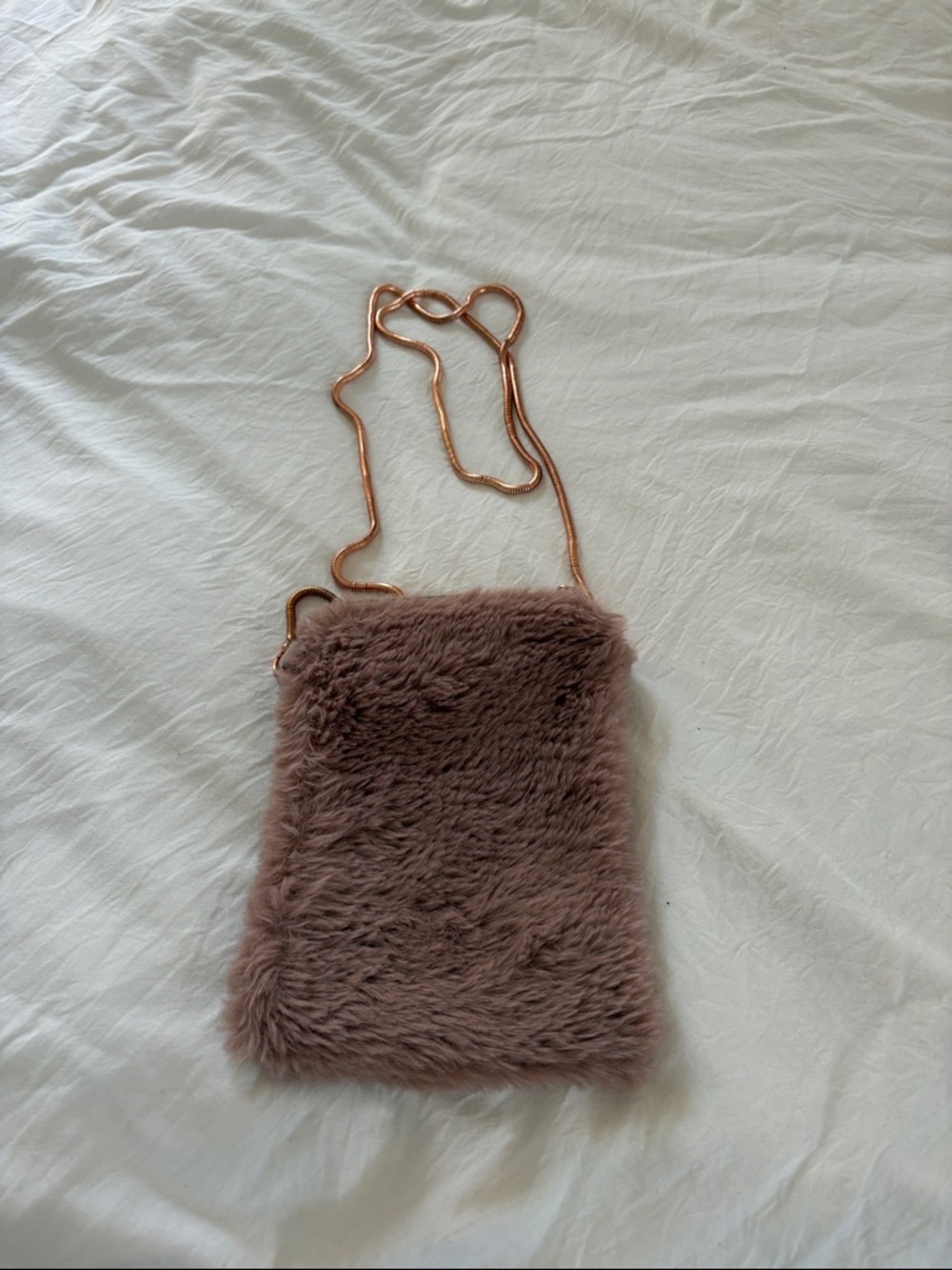 Plush Faux-Fur Crossbody Bag in Dusty Mauve with Rose Gold Chain